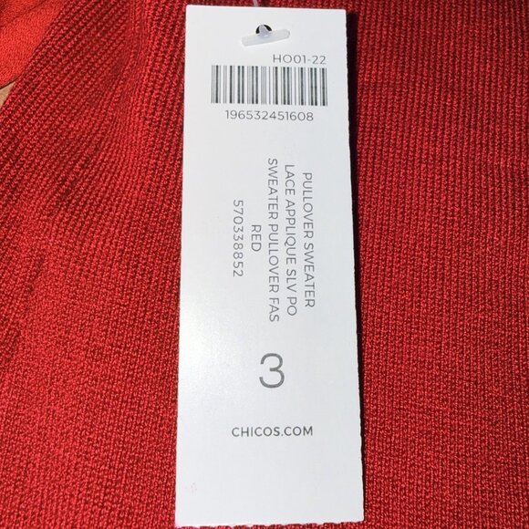 Chicos Red Soft Knit Pullover Lace Applique SLV Sweater Size 3 US XL - Picture 7 of 7